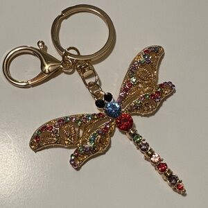 Gold Dragonfly Keychain with Multicolor Crystals